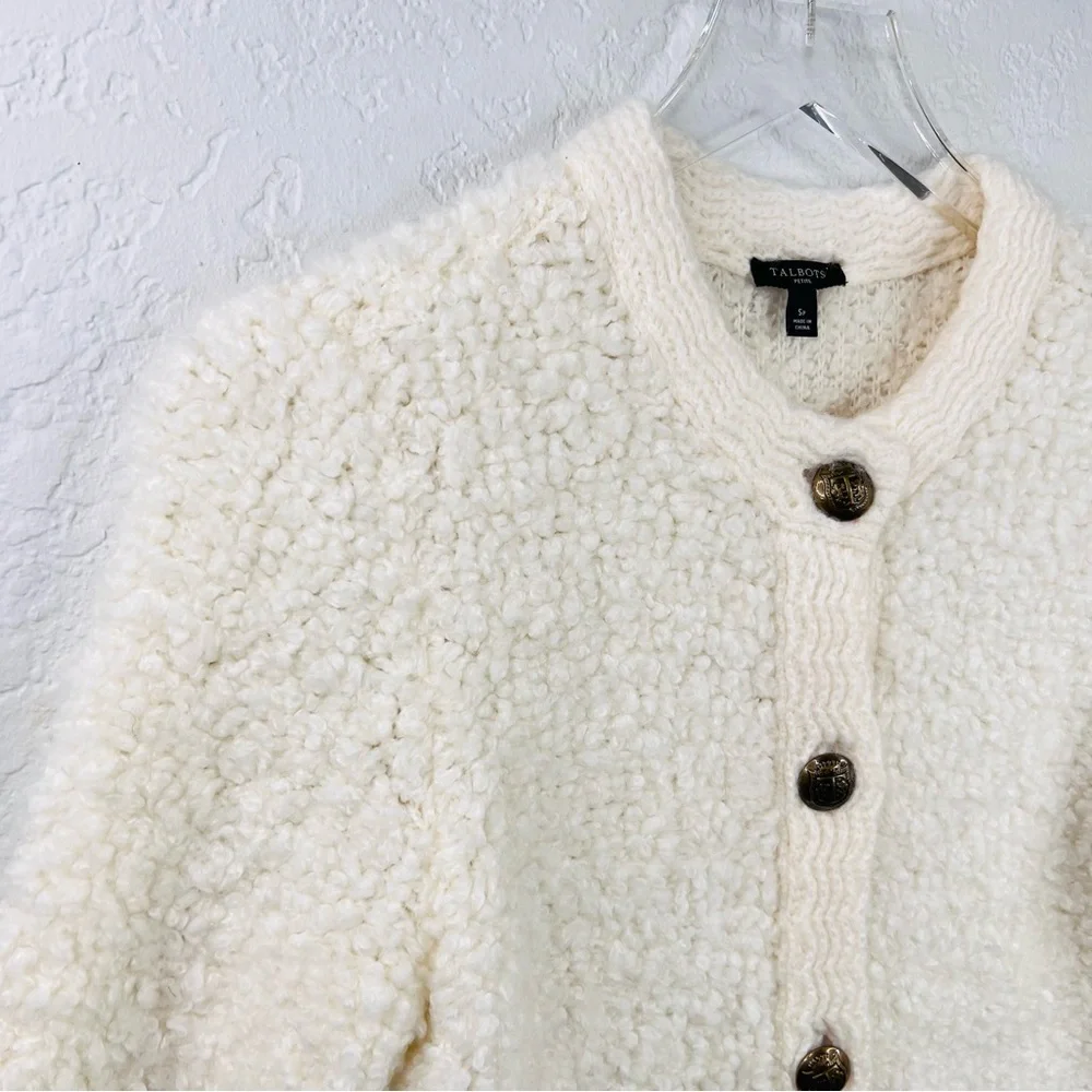 Talbots Boucle Ivory Wool Blend Button Front Cardigan Sweater Jacket